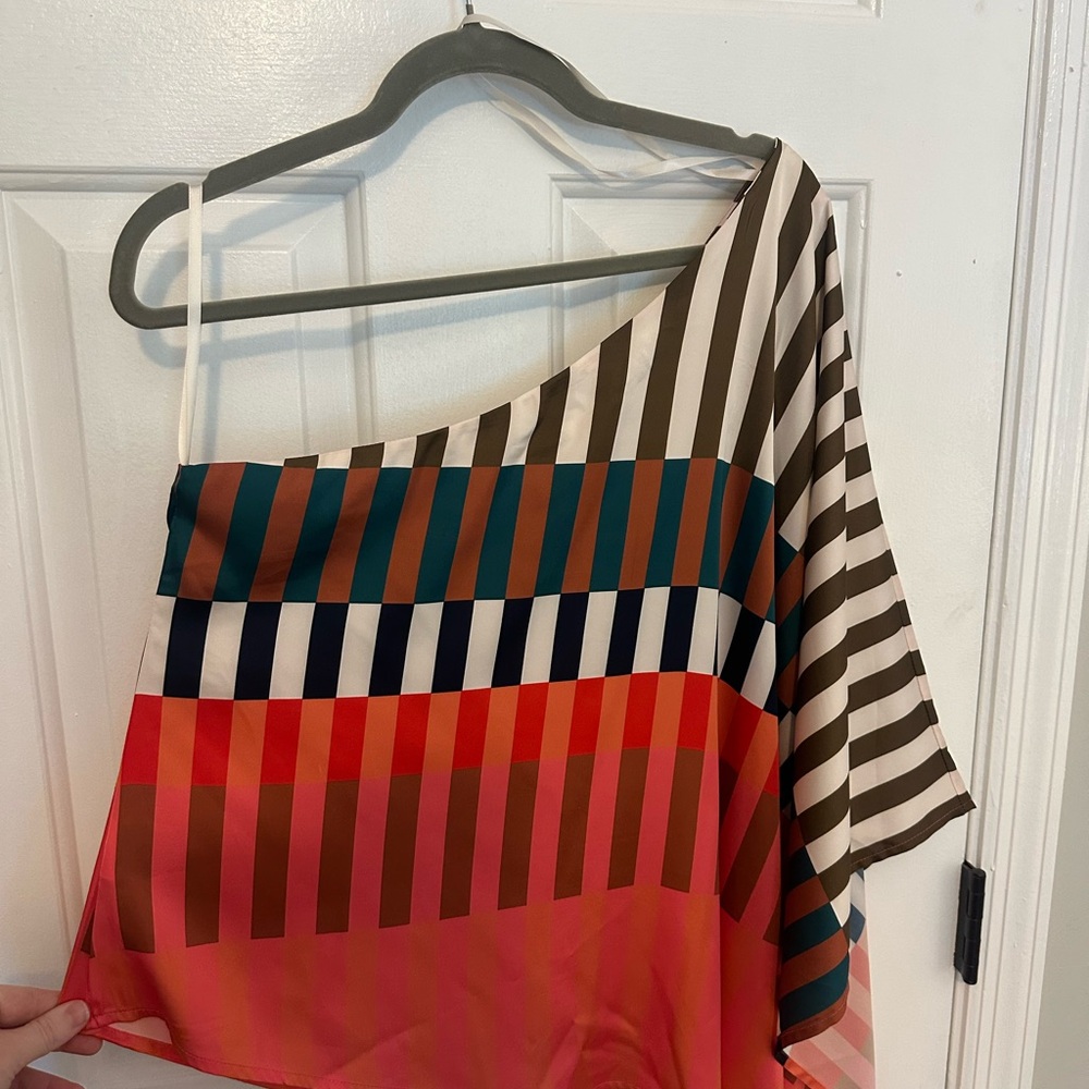 Hutch Women's One-Shoulder Striped Top in Teal, Rust, Navy, Coral, Brown, White